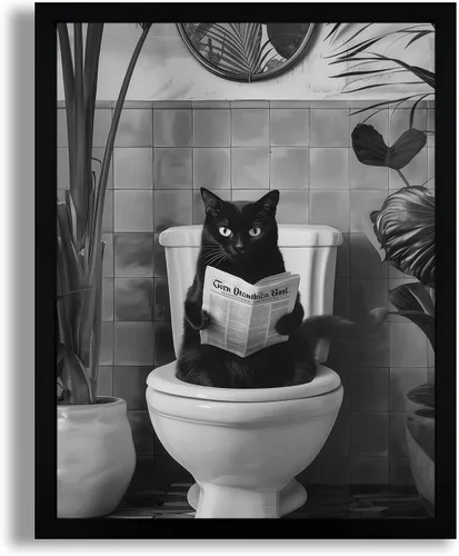 SYWENNOI Arte de Pared en Lienzo Enmarcado en Blanco y Negro para Baño, Divertido Gato Negro Sentado en el Inodoro Leyendo Periódico Decoración de