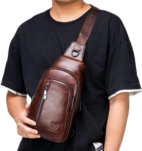 Miniatura 7 de Hebetag Mochila cruzada de cuero para hombres y mujeres, mochila de hombro para el pecho, multiusos, casual, Negro -, Viajar