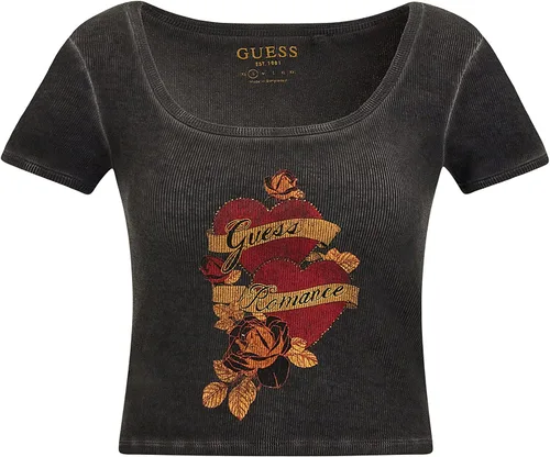 GUESS Camiseta de manga corta con logotipo romántico para mujer