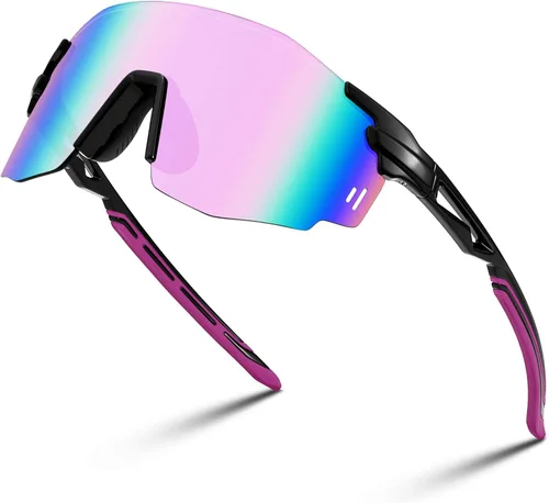 FEISEDY Gafas de sol deportivas sin montura para hombres y mujeres Tr90 Marco para ciclismo Pesca Correr B0116 Marco negro lente espejo rosa