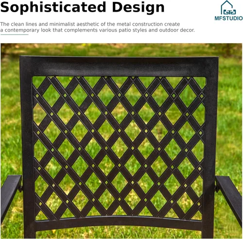 Miniatura 7 de MFSTUDIO Juego de 2 sillas de patio, sillas de comedor de metal para exteriores, sillas de comedor apilables de hierro forjado negro para terraza