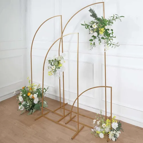Miniatura 2 de Tableclothsfactory Soporte para telón de fondo de arco de boda de metal dorado de 5 pies, diseño floral de media luna