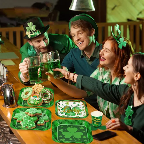 Miniatura 7 de Juego de vajilla de 200 piezas para fiesta del Día de San Patricio, juego de vajilla de trébol verde para 25 invitados, a cuadros, trébol
