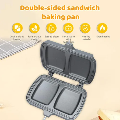 Miniatura 5 de Sartén de doble cara, sartén para hornear sándwich, sartén de aluminio con tapa abatible antiadherente, sartén de doble cara para panqueques