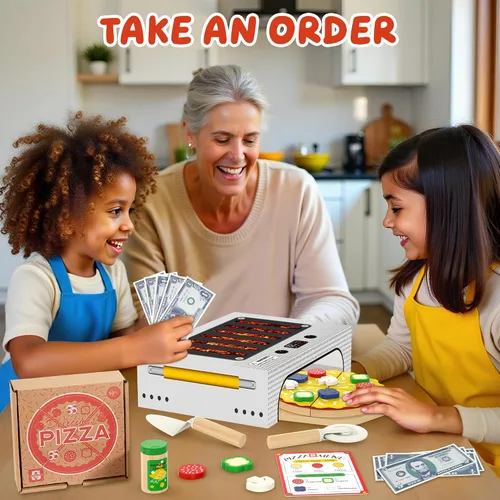 Miniatura 8 de WOODMAM Montessori - Juego de juguetes de pizza, comida realista con caja de horno, juguetes educativos de aprendizaje para niños en edad preescolar