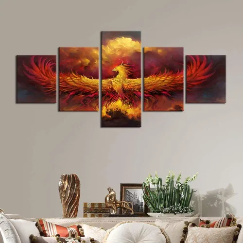 Miniatura 3 de 5 piezas de pintura sobre lienzo ardiente de fénix dibujado en estilo heráldico fuego fénix arte de pared vintage impresiones obras de arte arte