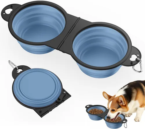 Miniatura 11 de Pawaboo Cuencos plegables 2 en 1 para perros, cuencos dobles para comida y agua, cuenco de silicona portátil de 180° con gancho de metal, comedero