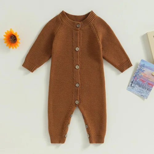 Miniatura 2 de Mameluco de punto de gran tamaño con cuello redondo y botones de manga larga para bebé niño y niña
