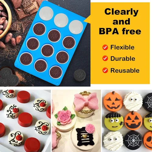 Miniatura 5 de Sidosir 3 piezas Molde de silicona para galletas Oreo y chocolate, moldes redondos de cilindro de 12 cavidades para cubierta de chocolate Oreo, Azul