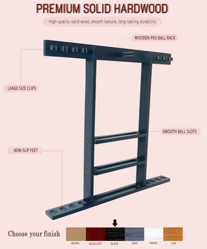Miniatura 2 de Soporte para taco de piscina de montaje en pared, estante de madera maciza negro para 8 tacos