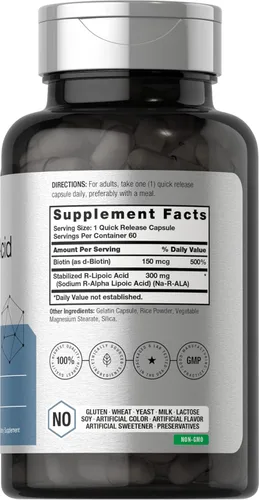 Miniatura 2 de Horbäach Ácido R-lipoico estabilizado de 300 mg 60 cápsulas con optimizador de biotina Sin OMG, sin gluten Suplemento Na-RALA