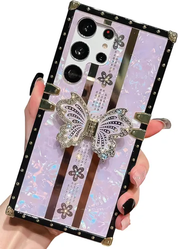 Miniatura 40 de Bonita funda compatible con Samsung Galaxy S22 Ultra, soporte plegable de lujo con diseño de mariposa brillante para mujeres y niñas, funda Blanco
