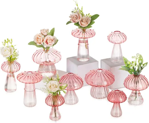 Miniatura 11 de Glasseam Jarrón de Seta de Cristal Ámbar: Lindo Juego de Jarrones Pequeños para Flores de 5 Jarrones Únicos Mini para Capullos para Centros de Mesa