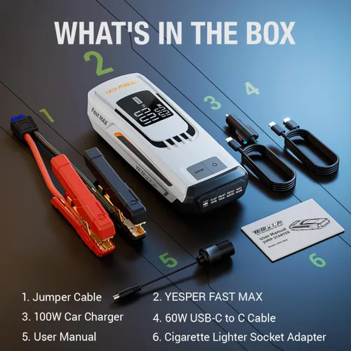 Miniatura 8 de YESPER Paquete de batería de arranque de impulso 4120A 27000mAh Cargador de batería de coche Arrancador auxiliar (todo gas/hasta 10L diésel) 100W