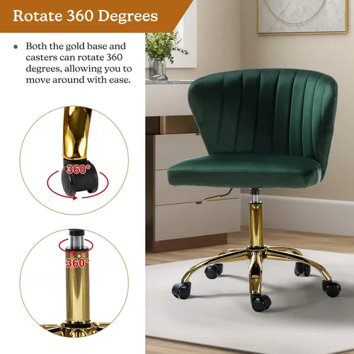 Miniatura 5 de TINA'S HOME Sillas de escritorio de oficina con ruedas y base dorada, moderna silla de oficina sin brazos de terciopelo, silla giratoria ajustable