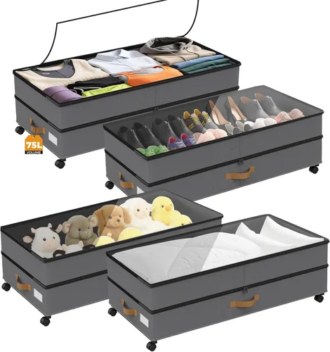 Miniatura 10 de Almacenamiento Debajo de la Cama con Ruedas Paquete de 4, 75L XXL Contenedores de Almacenamiento Debajo de la Cama Grandes, 30 cm de Alto negro
