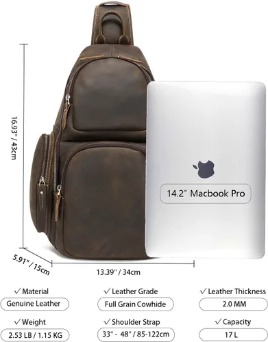 Miniatura 3 de Bolsa de cuero genuino de grano completo, se adapta a portátil de 14 pulgadas, pecho de viaje cruzado bandolera bandolera mochila bolsa de día 17L