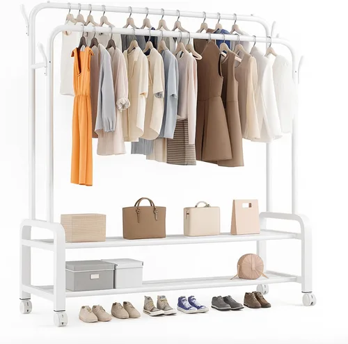 Miniatura 8 de Perchero resistente, perchero y perchero con ruedas, perchero independiente de doble barra para colgar ropa con estante de 2 niveles y organizador