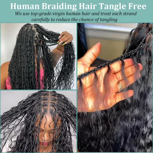 Miniatura 3 de Cabello humano trenzado para trenzas bohemias, cabello humano trenzado, sin trama, húmedo y ondulado, extensiones de cabello humano trenzado