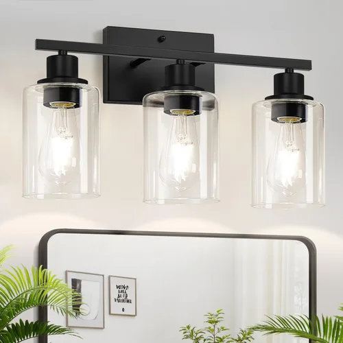Miniatura 16 de MOKATNG Juego de 2 apliques de pared para baño, luces de tocador modernas negras con pantalla de vidrio blanco, lámpara de pared de baño