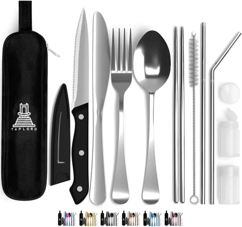 Juego de cubiertos de viaje portátil Taplord con estuche, incluye 10 piezas de utensilios de viaje con estuche, juego de cubiertos de acero Plateado