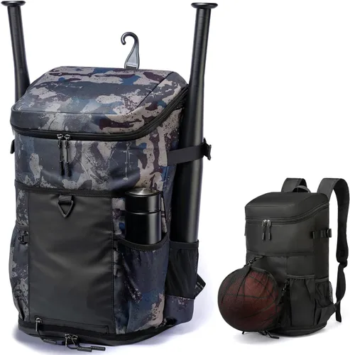 TUGUAN Mochila de béisbol para adultos con soporte para bates de 2/4 y gancho para cerca, bolsa ligera de softbol para hombre con compartimento para