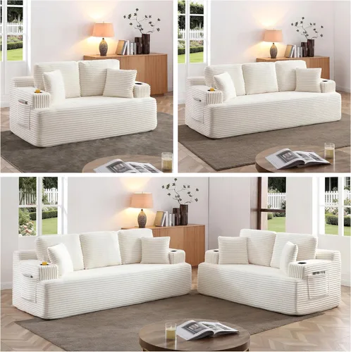 Miniatura 7 de Sofá sin hueso de 66.5 pulgadas con portavasos y bolsillos laterales, sofá biplaza tapizado de tela de pana moderna con 2 almohadas para sala