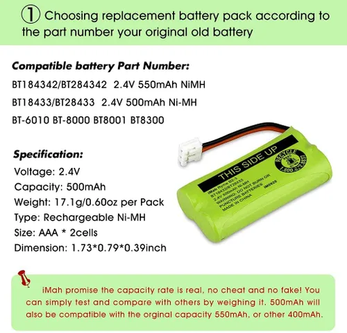 Miniatura 4 de iMah BT18433/BT28433 2.4V 500mAh Ni-MH batería inalámbrica para teléfono, también compatible con AT&T BT184342/BT284342 BT8300 BT1011 BT1018 BT1022