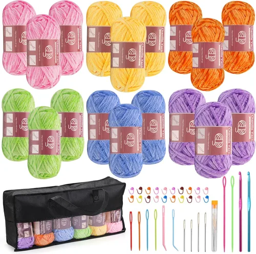 Miniatura 13 de LUNARM Hilado de chenilla para tejer y hacer ganchillo, 3 madejas de 240 metros de hilo grueso, suave y voluminoso, para tejer mantas, ropa y Beige