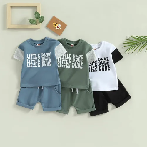 Miniatura 63 de Conjunto de traje de verano para bebé niño pequeño, manga corta, cuello redondo, letras impresas, lindo traje de verano, conjunto de 2 piezas