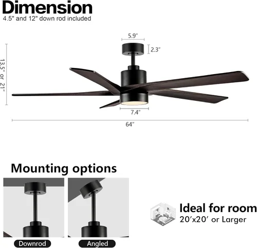 Miniatura 3 de WINGBO Ventilador de techo CC de 64 pulgadas con luces y control remoto, 5 cuchillas reversibles de madera tallada, motor de CC silencioso de 6
