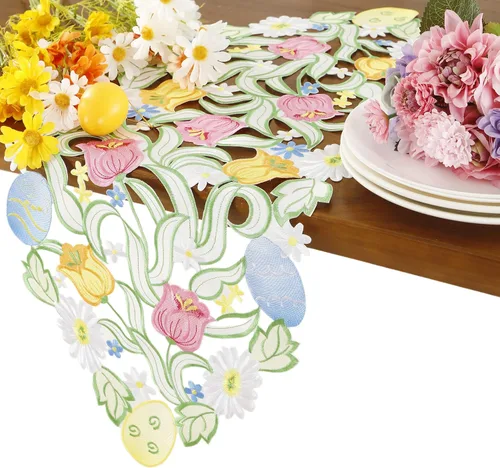 Camino de mesa de Pascua, primavera, conejos, huevos, camino de mesa floral, bordado floral y conejos, huevos, bufanda, decoración de mesa para el