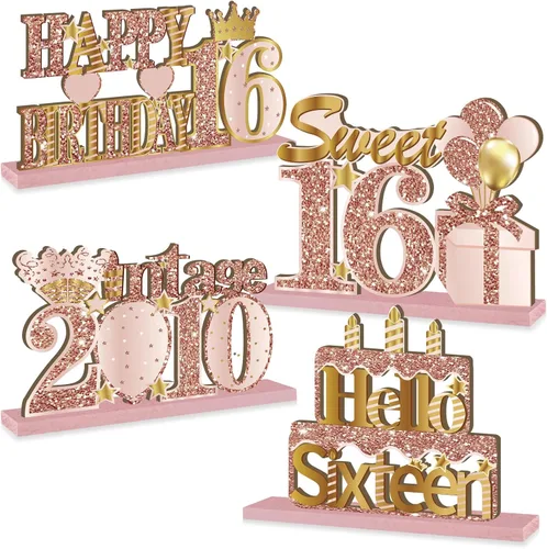 4 Piezas Centros de Mesa de Cumpleaños 16 Vintage de Madera para Niñas, Decoración de Mesa de Cumpleaños 16 Rosa Pálido Oro Dulce, Letrero de