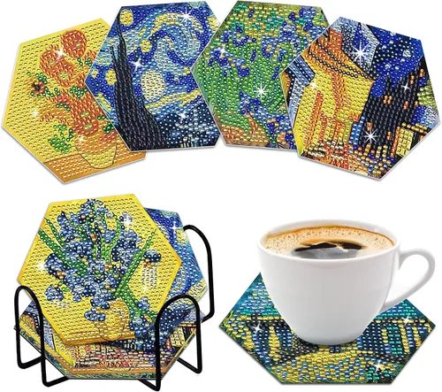 Miniatura 4 de NUFTVI Van Gogh - Juego de posavasos de pintura de diamantes con soporte, kit de posavasos de arte de diamante de cristal completo 5D para adultos.