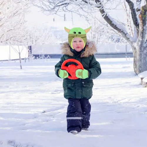 Miniatura 4 de Star Wars Baby Yoda - Gorro de invierno y guantes de nieve para niños y niños pequeños, juego de 3 piezas de gorro cálido con pompón con caja