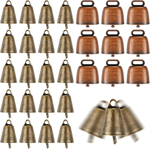 Geosar 40 campanas de cobre pequeñas de vaca para animales de granja, vaca, caballo, oveja, ganado, cabra, 2 colores (cobre y bronce), collar para