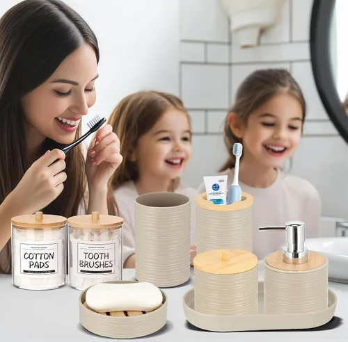 Miniatura 8 de IMAVO Juego de accesorios de baño - Juego de 11 piezas de accesorios de baño beige con cubo de basura, dispensador de jabón, jabonera, soporte