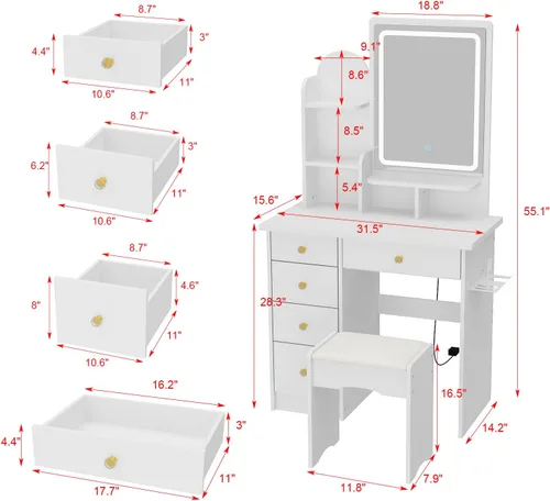 Miniatura 7 de FUFU&GAGA Juego de tocador con espejo rectangular, tocador de maquillaje con 5 cajones, estantes, tomacorriente eléctrica y soporte para secador