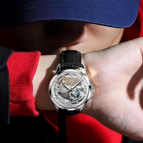 Miniatura 17 de OLEVS Relojes de esqueleto para hombre, automático, mecánico, de lujo, de cuero, impermeable, luminoso, reloj de pulsera para hombre