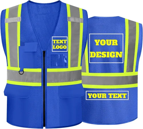 Miniatura 8 de Chaleco de seguridad reflectante de malla con logotipo personalizado Clase 2 con 5 bolsillos y cremallera Amarillo-5pack