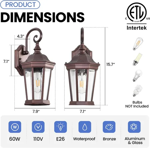 Miniatura 4 de Linterna de Pared Exterior, Accesorios de Luz de Pared al Aire Libre Resistente al Agua, Apliques de Porche de Aluminio Marrón con Enchufes E26