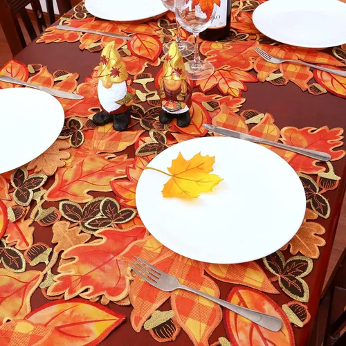 Miniatura 4 de Manteles individuales bordados de hojas de arce a cuadros para Acción de Gracias, decoración de cosecha de otoño (13 x 19 pulgadas, juego de 4)