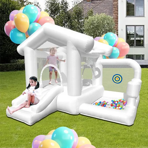 Casa inflable blanca con hoyo de bolas, castillo de rebote blanco para interiores y exteriores con soplador, casa Boncy para niños de 3 a 8 años