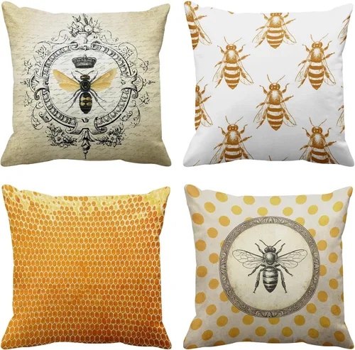 Emvency Juego de 4 fundas de almohada de color amarillo miel de abeja, moderna, vintage, francesa, reina entomología con abejas, fundas de almohada