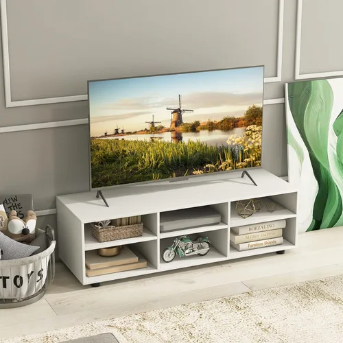 Miniatura 4 de Tangkula Soporte de TV con 6 compartimentos para televisores de hasta 55 pulgadas, centro de entretenimiento de madera blanca con 6 cubos