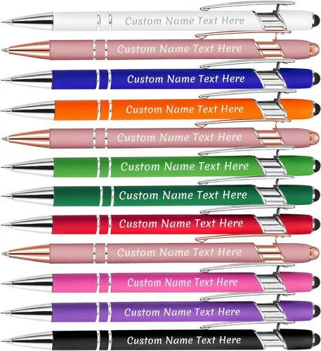 12 bolígrafos personalizados a granel con grabado sin nombre, bolígrafos personalizados con lápiz capacitivo, logotipo de mensaje de texto grabado,