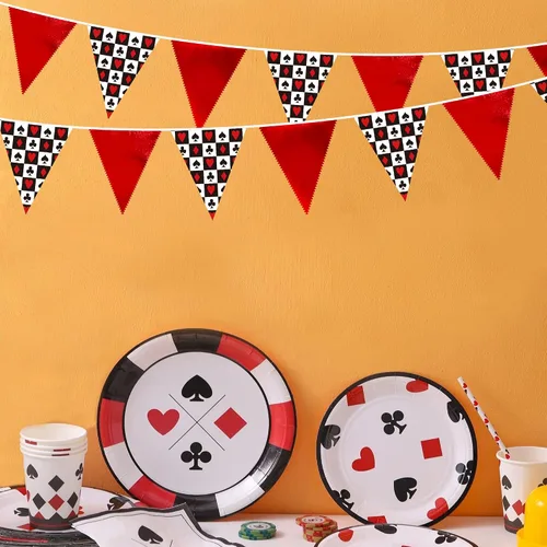 Miniatura 3 de Decoraciones de fiesta de casino de 32 pies, pancarta roja y negra, bandera triangular, banderines de tela para noche de juegos, temática de Las