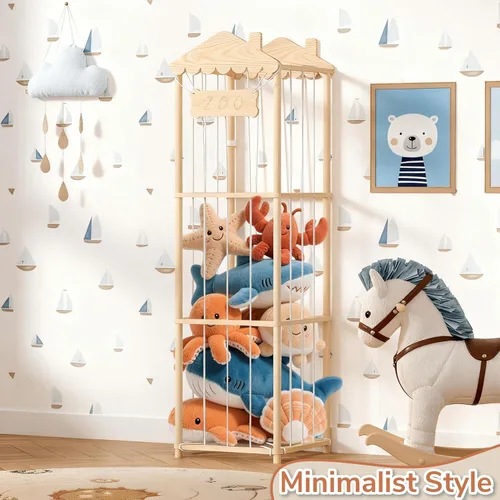 Miniatura 8 de AMBIRD Almacenamiento de animales de peluche, soporte de madera para zoológico, organizadores de juguetes grandes para niños, almacenamiento