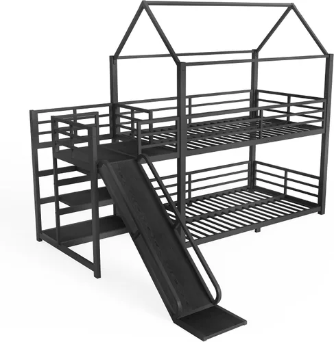 Miniatura 5 de Bellemave Literas de metal de tamaño individual sobre individual con tobogán y escaleras de almacenamiento, litera de piso con barandilla