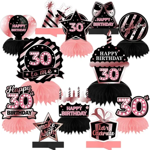 Centros de mesa de nido de abeja color oro rosa y negro de feliz 30 cumpleaños, decoración de mesa para niñas y mujeres, princesa, 30 años,